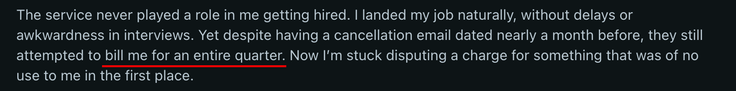 Reddit comment about being billed for an entire quarter after cancellation