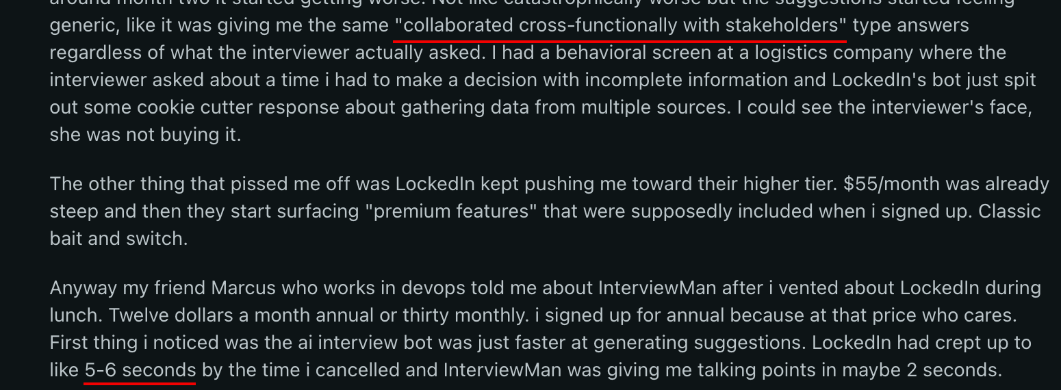 A Reddit report describes 5-6 second answers and a repeated template phrase in live interviews