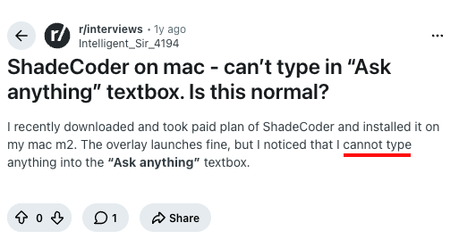 Reddit report of a ShadeCoder input problem on Mac