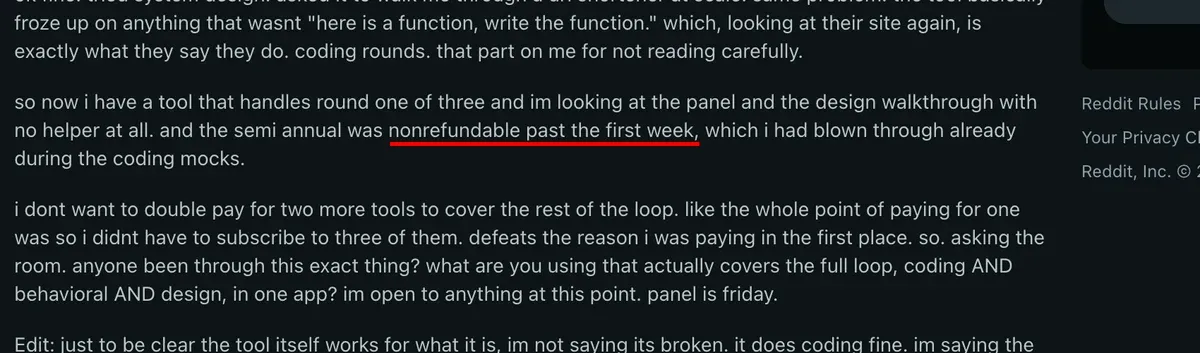 Reddit report of a ShadeCoder refund-window problem