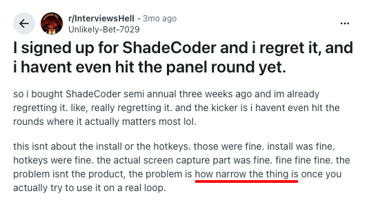 Reddit report describing ShadeCoder's narrow interview scope